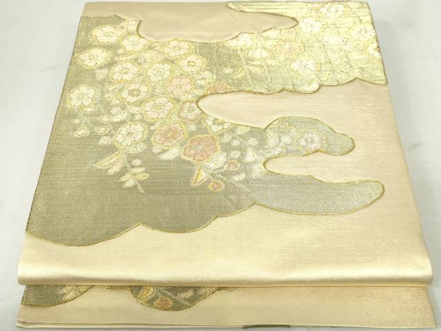 平和屋着物◎太鼓柄袋帯 駒刺繍 枝花文 金糸 正絹 逸品 DAAX7620qa
