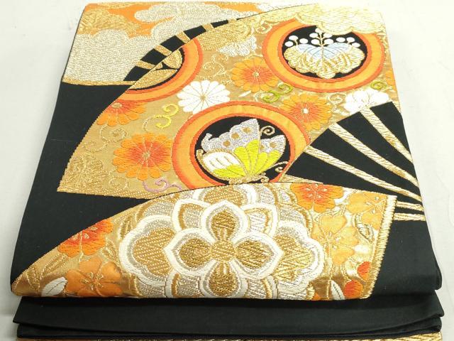 平和屋着物◎六通柄袋帯 扇面花蝶文 黒地 金銀糸 正絹 逸品 DAAX7679qa