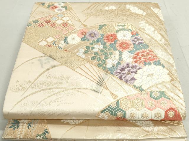 平和屋着物◎六通柄袋帯 唐織 扇面草花文 金糸 正絹 逸品 DAAX7721qa