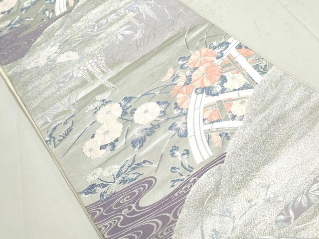 平和屋着物◎六通柄袋帯 流水草花文 銀糸 正絹 逸品 DAAX7725qa