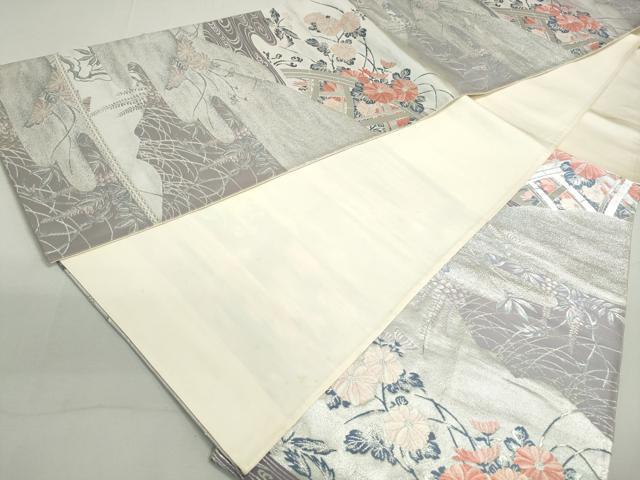 平和屋着物◎六通柄袋帯 流水草花文 銀糸 正絹 逸品 DAAX7725qa