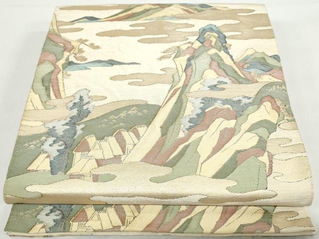 平和屋着物◎六通柄袋帯 重ね山風景文 金糸 正絹 逸品 DAAX7824qa