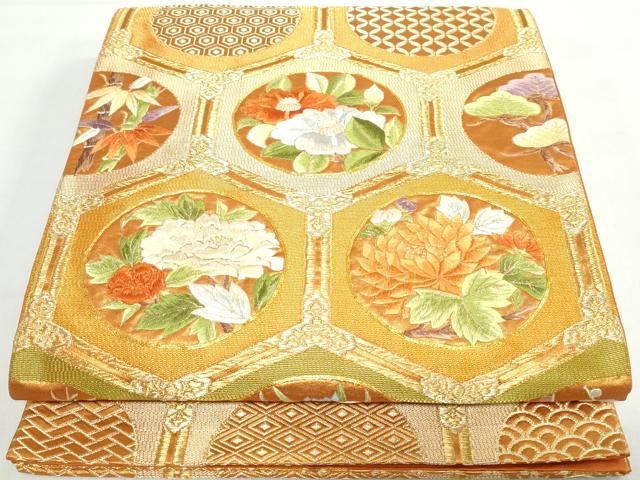 平和屋着物◎六通柄袋帯 駒刺繍 亀甲椿花丸文 金糸 正絹 逸品 DAAX7897qa