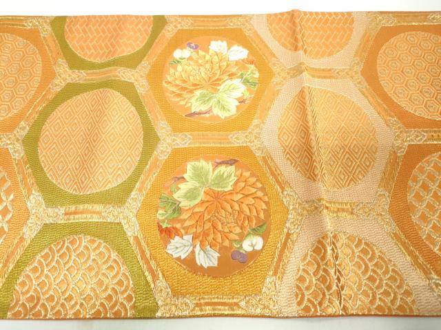 平和屋着物◎六通柄袋帯 駒刺繍 亀甲椿花丸文 金糸 正絹 逸品 DAAX7897qa