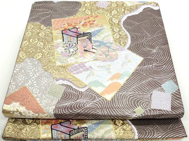平和屋着物◎六通柄袋帯 唐織 大和絵色紙散し 金銀糸 正絹 逸品 DAAX7935qa