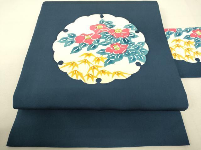 平和屋着物○塩瀬 九寸名古屋帯 型染 雪輪椿文 正絹 逸品