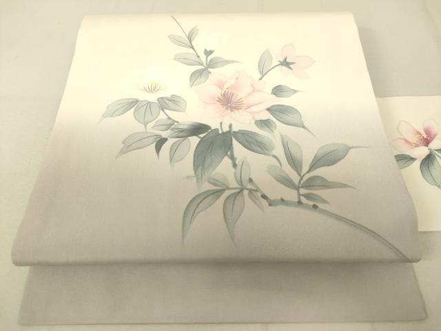 平和屋着物●塩瀬 九寸名古屋帯 手描き 枝花文 正絹 逸品 DAAX8422du