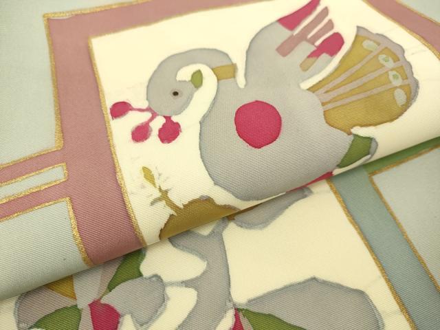 平和屋着物●塩瀬 九寸名古屋帯 ろうけつ染め 花鳥文 金糸 正絹 逸品 DAAX8442du