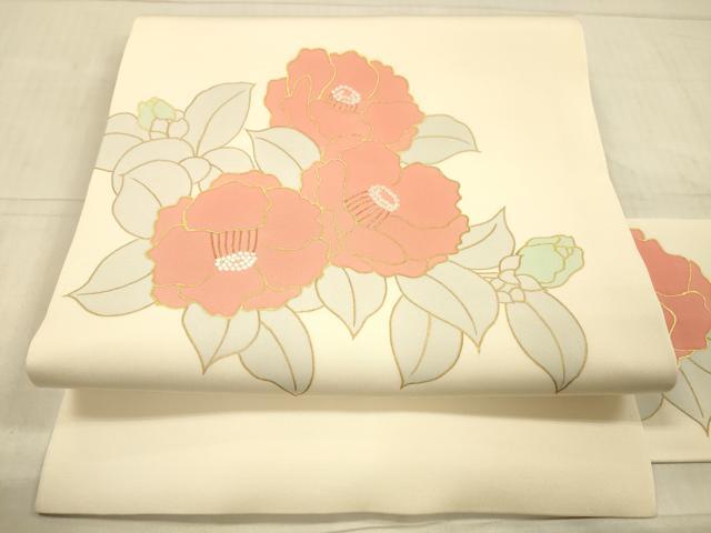 平和屋着物●塩瀬 九寸名古屋帯 駒刺繍 草花文 金彩 正絹 逸品 DAAX8548cm