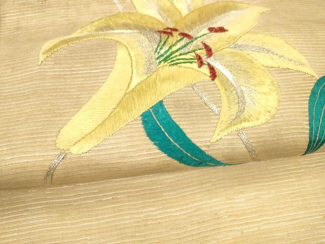 平和屋着物*夏物 アンティーク 大正ロマン 九寸名古屋帯 駒刺繍 総刺繍 手刺繍 草花文 銀糸 正絹 逸品 DAAX8611cm