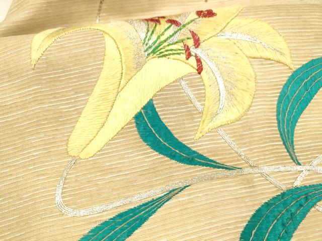 平和屋着物*夏物 アンティーク 大正ロマン 九寸名古屋帯 駒刺繍 総刺繍 手刺繍 草花文 銀糸 正絹 逸品 DAAX8611cm
