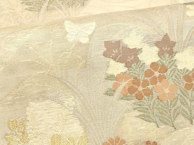 平和屋着物*夏物 六通柄袋帯 流水草花文 金銀糸 正絹 逸品 DAAX8643cm