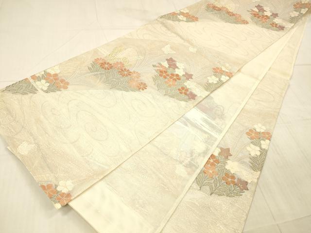平和屋着物*夏物 六通柄袋帯 流水草花文 金銀糸 正絹 逸品 DAAX8643cm