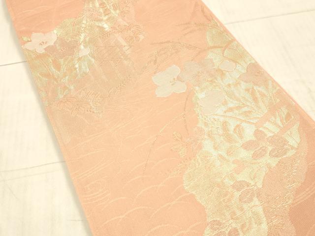 平和屋着物*夏物 六通柄袋帯 流水草花文 金糸 正絹 逸品 DAAX8644cm