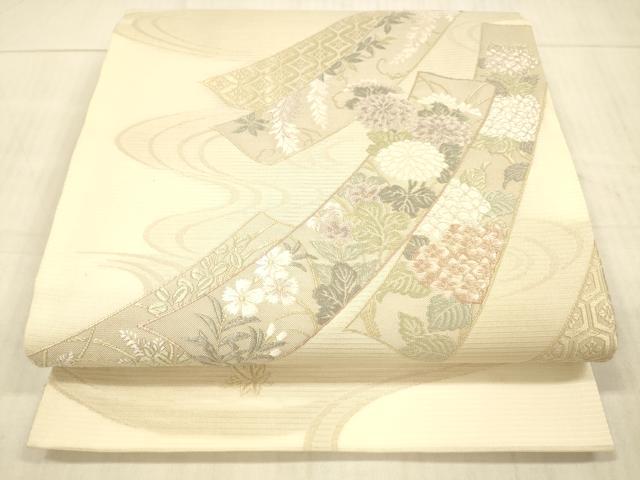 平和屋着物*夏物 六通柄袋帯 唐織 青々庵 流水短冊草花文 正絹 逸品 DAAX8647cm