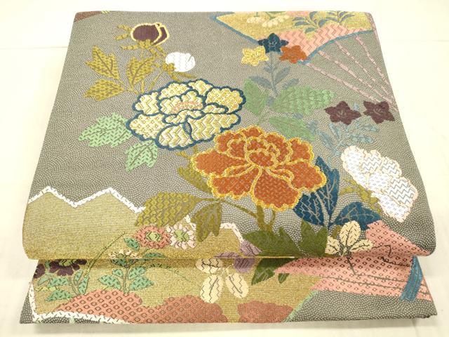 平和屋着物●六通柄袋帯 唐織 扇面草花文 金糸 正絹 逸品 DAAX8706cm