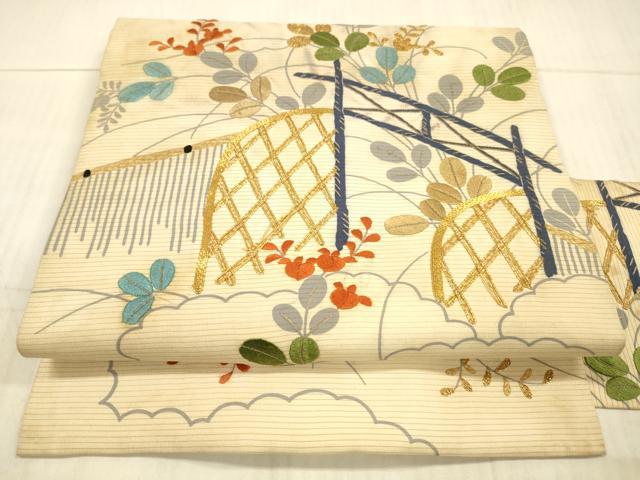 平和屋着物*夏物 アンティーク 大正ロマン 九寸名古屋帯 絽縮緬 駒刺繍 籬草葉文 正絹 逸品 DAAX8722cm