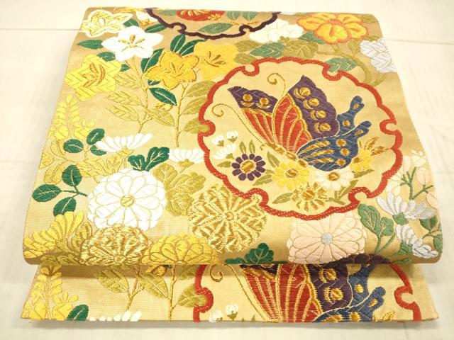 平和屋着物●六通柄袋帯 唐織 雪輪花寄文 金糸 正絹 逸品 DAAX8725cm