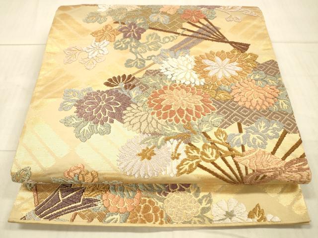 平和屋着物●六通柄袋帯 唐織 扇面草花文 金糸 正絹 逸品 DAAX8736cm
