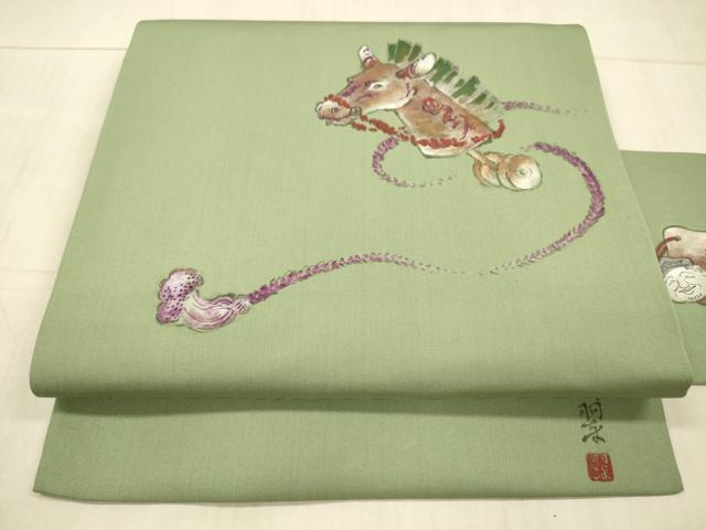 平和屋着物●塩瀬 九寸名古屋帯 作家物 手描き 玩具文 馬 正絹 逸品 DAAX8857cm