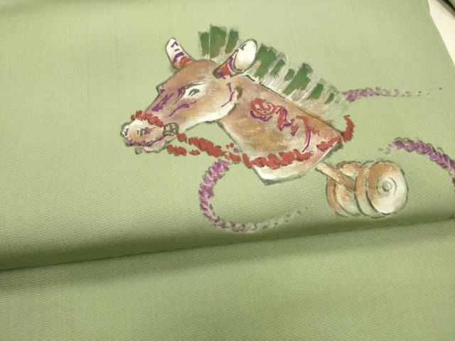 平和屋着物●塩瀬 九寸名古屋帯 作家物 手描き 玩具文 馬 正絹 逸品 DAAX8857cm