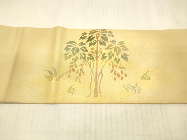 平和屋着物●塩瀬 九寸名古屋帯 枝葉舞蝶飛鳥文 金銀彩 正絹 逸品 DAAX8872cm