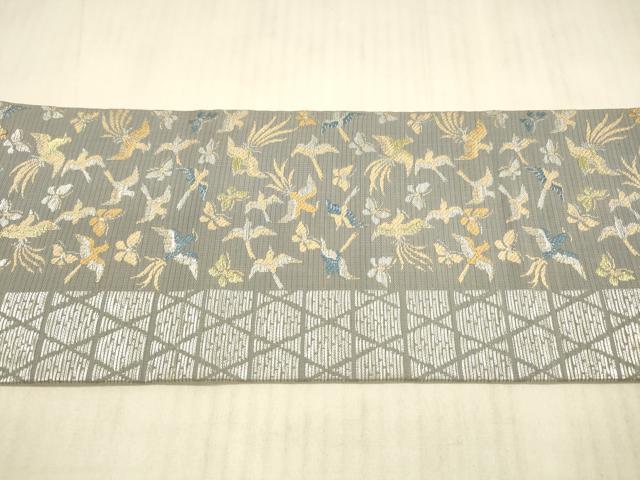 平和屋着物*夏物 アンティーク 大正ロマン 九寸名古屋帯 笹の葉花文 舞蝶飛鳥文 銀糸 正絹 逸品 DAAX8884cm