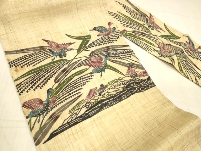平和屋着物*夏物 九寸名古屋帯 琉球紅型 群鳥草葉文 麻 逸品 DAAX8886cm