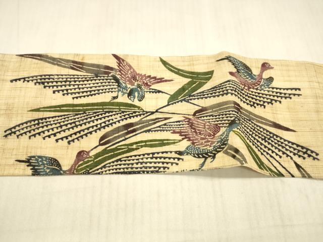 平和屋着物*夏物 九寸名古屋帯 琉球紅型 群鳥草葉文 麻 逸品 DAAX8886cm