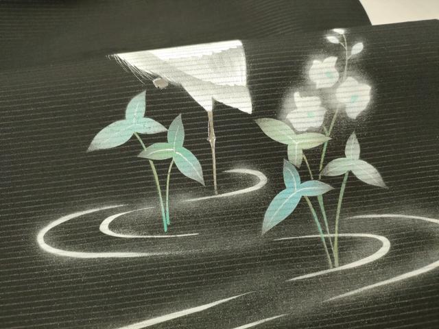 平和屋着物*夏物 九寸名古屋帯 手描き 流水草花文 鷺 黒地 銀彩 正絹 逸品 DAAX8891cm