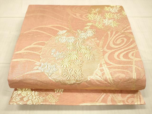 平和屋着物*夏物 六通柄袋帯 流水草花文 金銀糸 正絹 逸品 DAAX8980cm