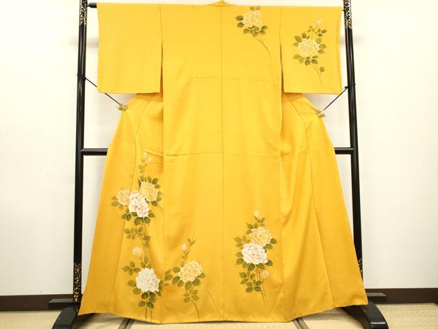 小紋　フルセット　黄色　着物　正絹　草　花　トールサイズ　170cm 平和屋着物▽訪問着 手描き 草花 正絹 逸品 DAAX9793fe