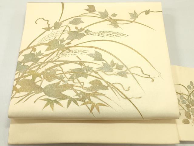 平和屋着物●塩瀬 九寸名古屋帯 蔦の葉文 蜂蜜色 金彩 正絹 逸品 DAAY0046ob