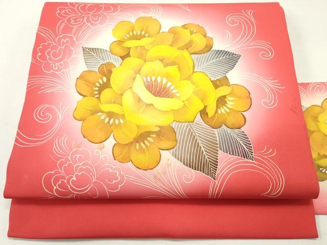 平和屋着物●塩瀬 九寸名古屋帯 手描き 草花文 紅赤色 金銀彩 正絹 逸品 DAAY0047ob