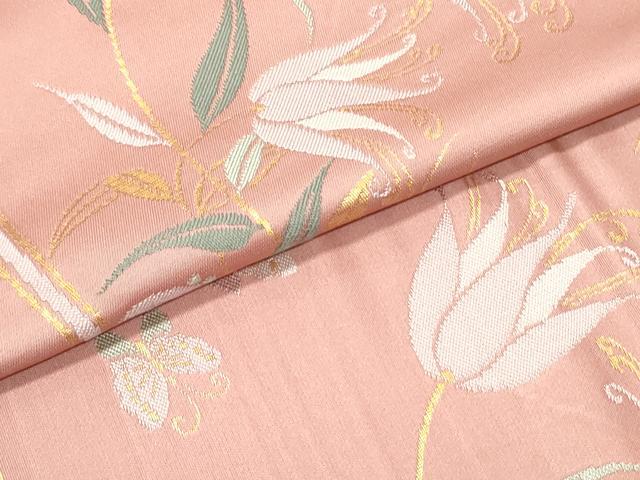 平和屋着物●九寸名古屋帯 舞蝶草花丸文 退紅色 金糸 正絹 逸品 DAAY0088ob