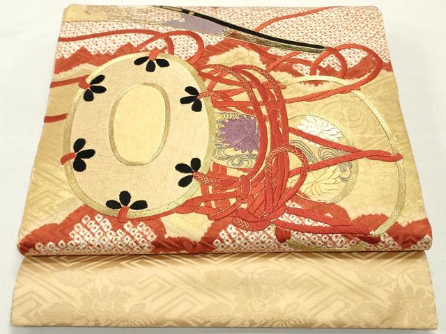 平和屋着物●アンティーク 大正ロマン 丸帯 絞り 駒刺繍 檜扇花鼓文 金糸 正絹 逸品 DAAY0102ob