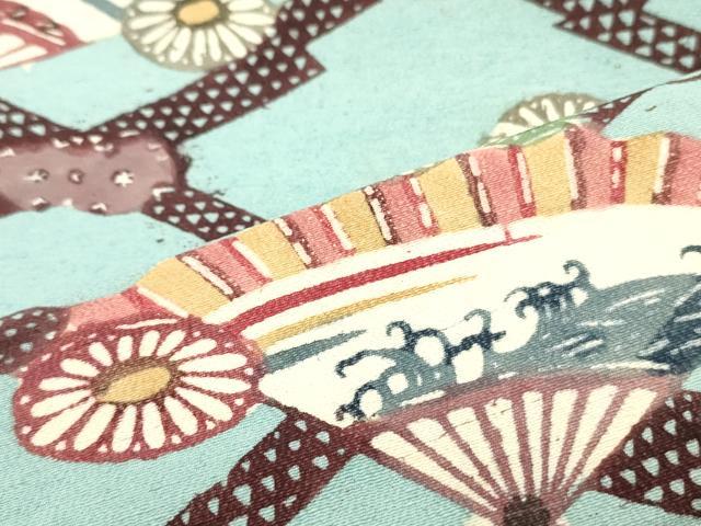 平和屋着物●九寸名古屋帯 型染め 松皮菱舞扇文 お召縮緬 正絹 逸品 DAAY0168ob