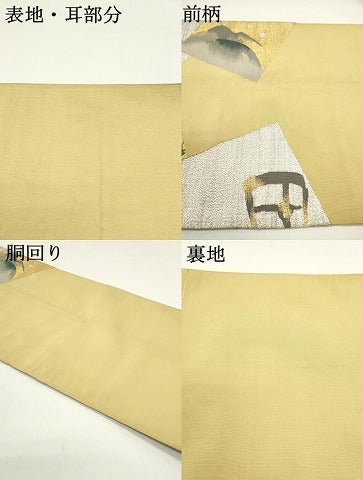 平和屋着物●爪掻き本綴れ 太鼓柄袋帯 色紙重ね風景鳥文 芥子色 金銀糸 正絹 逸品 DAAY0175ob