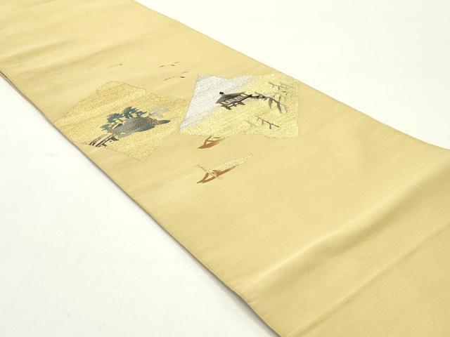 平和屋着物●爪掻き本綴れ 太鼓柄袋帯 色紙重ね風景鳥文 芥子色 金銀糸 正絹 逸品 DAAY0175ob