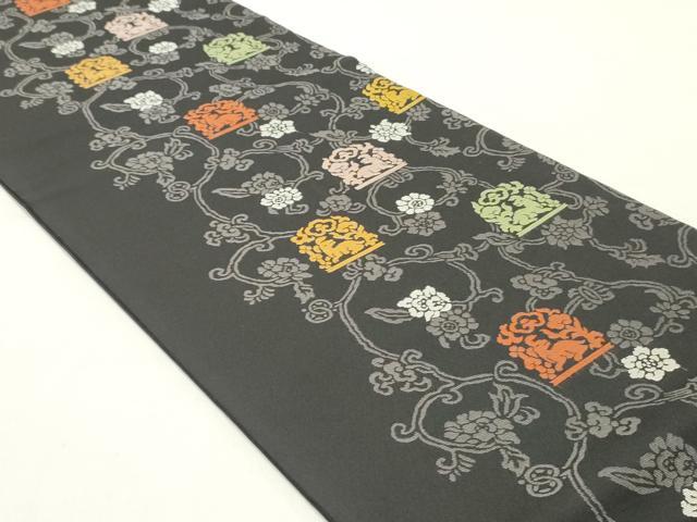 平和屋着物●九寸開き名古屋帯 名物裂 花兎 黒地 正絹 逸品 DAAY0194ob