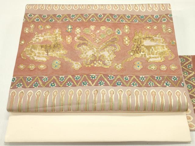平和屋着物●塩瀬 九寸名古屋帯 花蝶横段文 肌色 金彩 正絹 逸品 DAAY0226ob