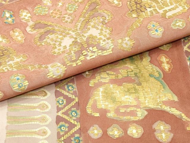 平和屋着物●塩瀬 九寸名古屋帯 花蝶横段文 肌色 金彩 正絹 逸品 DAAY0226ob