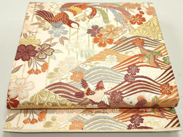 平和屋着物●六通柄袋帯 唐織 作家物 鳳凰立波花文 鴛鴦 金糸 正絹 逸品 DAAY0274ob
