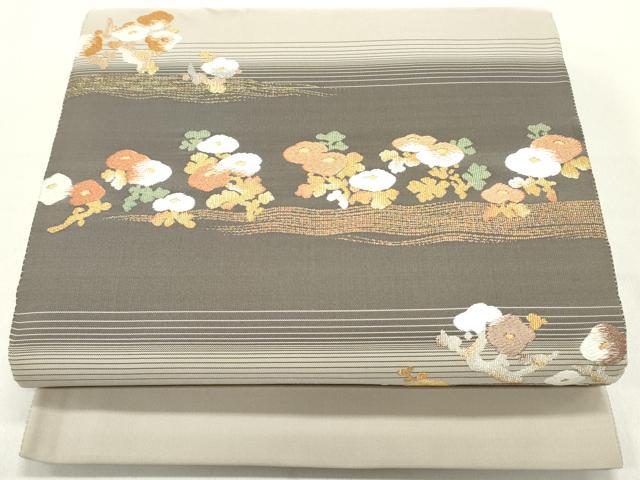 平和屋着物●田中工芸織物 祥園謹製 克絲綴 太鼓柄袋帯 枝梅菊文 金糸 正絹 逸品 DAAY0353ob
