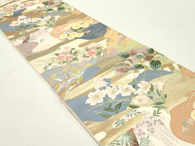平和屋着物●六通柄袋帯 唐織 切嵌 流水草花文 金糸 正絹 逸品 DAAY0361ob