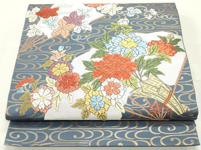 平和屋着物●六通柄袋帯 唐織 流水檜扇草花文 金糸 正絹 逸品 DAAY0362ob