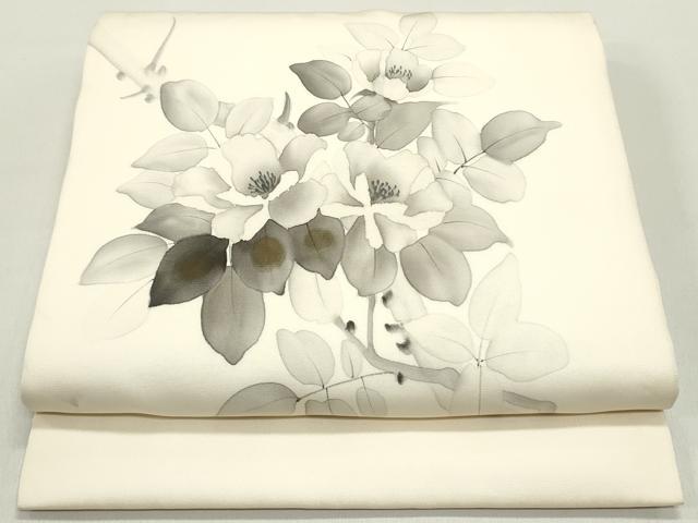平和屋着物●塩瀬 九寸開き名古屋帯 作家物 手描き 枝花文 金彩 正絹 逸品 DAAY0371ob
