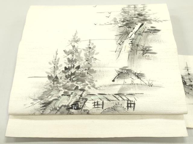平和屋着物●塩瀬 九寸名古屋帯 作家物 手描き 紬地 風景鳥文 象牙色 正絹 逸品 DAAY0373ob
