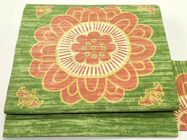 平和屋着物○九寸名古屋帯 紬地 型染め 舞花文 金彩 正絹