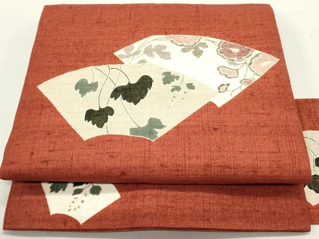 平和屋着物●九寸名古屋帯 生紬 地紙重ね蔦の葉花文 正絹 逸品 DAAY0423ob